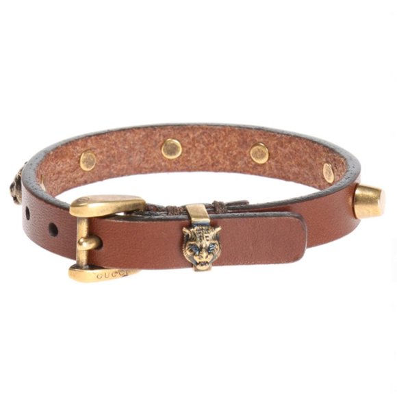 Gucci Studded Feline Head Leather Bracelet in Brow - Picture 2 of 13
